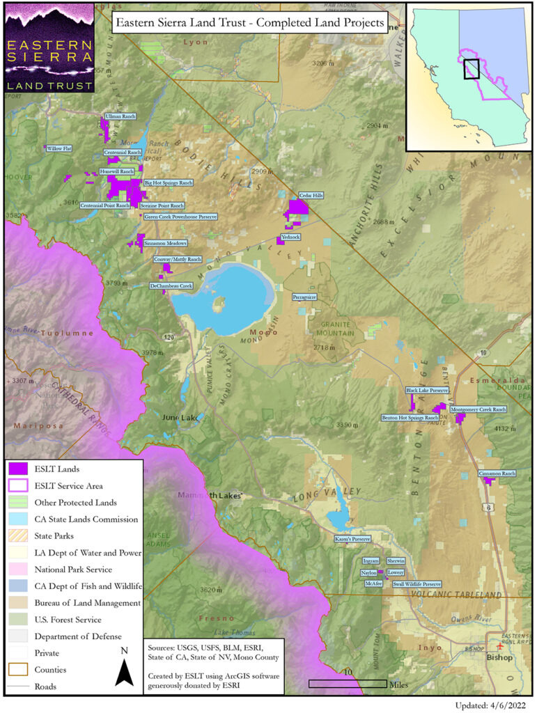 A map of lands protected by Eastern Sierra Land Trust